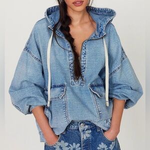 Casual Denim Shirt Hoodies Pullover Oversized Jean Jacket Sweatshirt